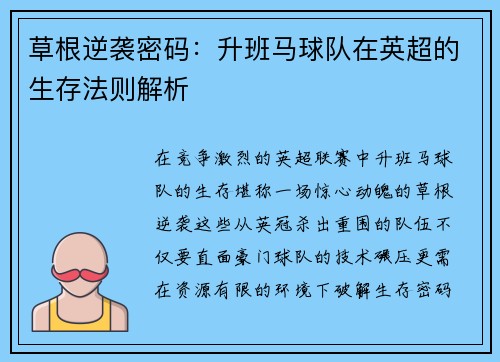 草根逆袭密码：升班马球队在英超的生存法则解析