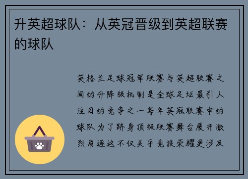 升英超球队：从英冠晋级到英超联赛的球队